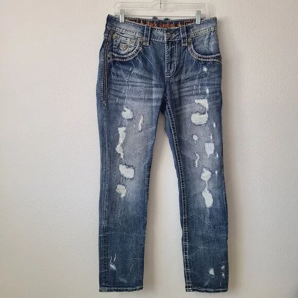 Rock Revival Neruda Straight Distressed Denim Jeans Size 32x34 Blue #1